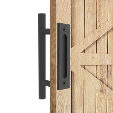 10 in. Black Ladder Pull and Flush Sliding Barn Door Handle Set