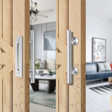 12 in. Stainless Steel Ladder Pull and Flush Sliding Barn Door Handle Set (2-Pack)