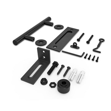 12 in. Black Ladder Pull and Flush Sliding Barn Door Handle Set with Floor Guide