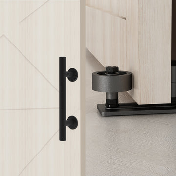 12 in. Black Ladder Pull and Flush Sliding Barn Door Handle Set with Floor Guide
