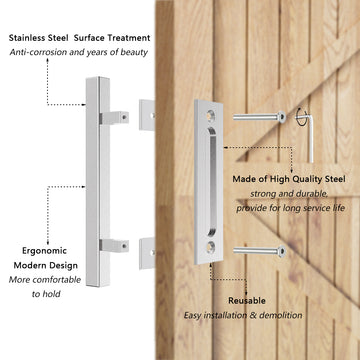 12 in. Stainless Steel Square Pull and Flush Sliding Barn Door Handle Set