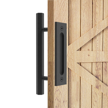 10 in. Black Hexagon Pull and Flush Sliding Barn Door Handle Set