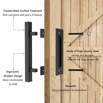 10 in. Black Square Pull and Flush Sliding Barn Door Handle Set