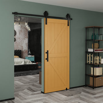 6.6 ft./79 in. Black Steel Strap Sliding Barn Door Track and Hardware Kit with 12 in. Square Handle and Floor Guide