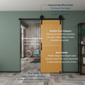 6.6 ft./79 in. Black Steel Strap Sliding Barn Door Track and Hardware Kit with 12 in. Square Handle and Floor Guide