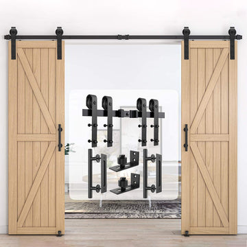 12 ft./144 in. Black for Double Doors Steel Sliding Barn Door Track and Hardware Kit with 12 in. Round Handle Set