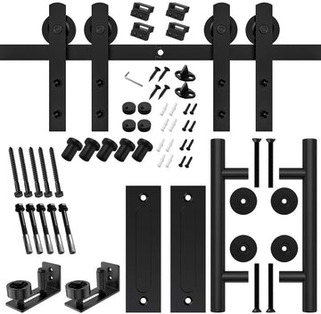 12 ft./144 in. Black for Double Doors Steel Sliding Barn Door Track and Hardware Kit with 12 in. Round Handle Set