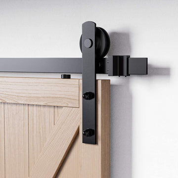 12 ft./144 in. Black for Double Doors Steel Sliding Barn Door Track and Hardware Kit with 12 in. Round Handle Set