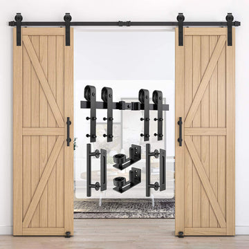 8 ft./96 in. Black for Double Doors Steel Sliding Barn Door Track and Hardware Kit with 12 in. Round Handle Set