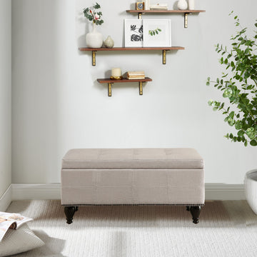 Small Linen Bench with Nailhead Trim and Solid Wood Legs