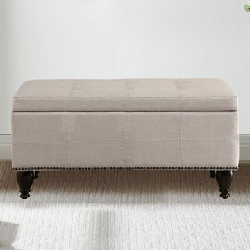 Small Linen Bench with Nailhead Trim and Solid Wood Legs
