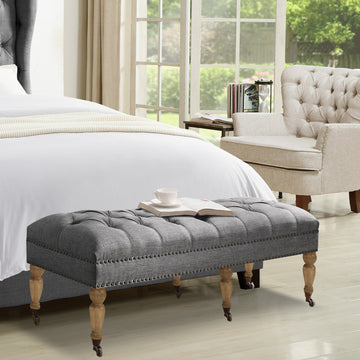Small Tufted Linen Bench with Solid Wood Legs