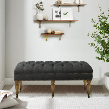 Small Tufted Linen Bench with Solid Wood Legs