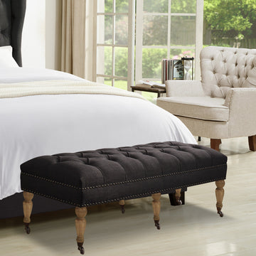 Small Tufted Linen Bench with Solid Wood Legs
