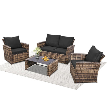 4 Piece PE Rattan Patio Conversation Set Black with Sofa and Table