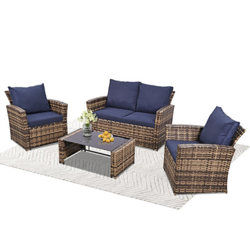 4 Piece PE Rattan Patio Conversation Set Blue with Sofa and Table