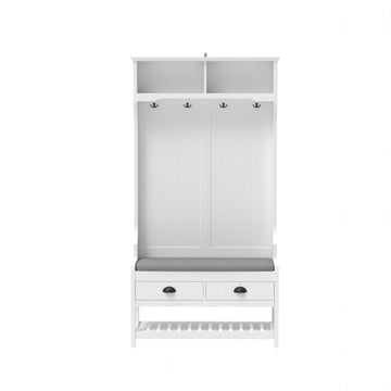 3-in-1 Hallway Hall Tree with 2 Storage Drawer and 4 Coat Rack, Wooden Entryway Shoe Rack Bench with Padded Seat Cushion, Mudroom Bench with Top Storage Shelf