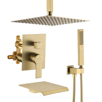 Boyel Living Ceiling Mount Single-Handle 1-Spray Tub and Shower Faucet in Brushed Gold-12 Inch (Valve Included)