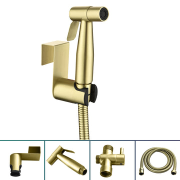 Boyel Living Single-Handle Bidet Faucet with Sprayer Holder, Solid Brass T-Valve Adapter and Flexible Bidet Hose in Brushed Gold