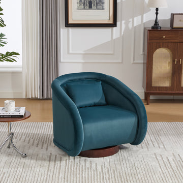 Swivel Accent Chair 360 Degree Velvet Barrel Chair Pumpkin Shaped Brown Rubberwood Base