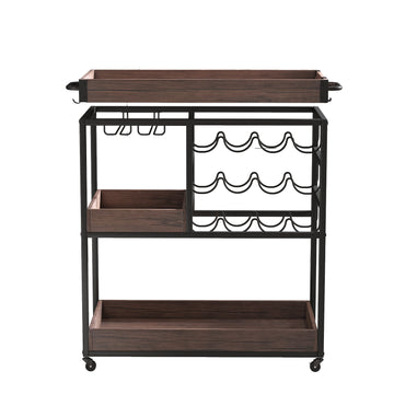 3 Tier Industrial Rolling Serving Cart with Lockable Wheels, Wine Rack Cart with Glass Holder for Indoor and Outdoor, Beverage Trolley cart with 2 Removable Tray