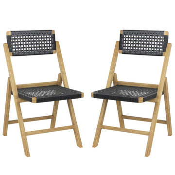 Set of 2 Folding Chairs Indonesia Teak Wood Dining Chairs with Woven Rope Seat and Back
