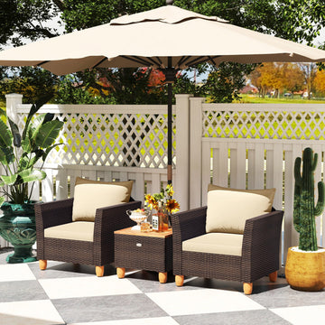 3 Pieces Patio PE Wicker Furniture Set with Cushions and Acacia Wood Storage Coffee Table