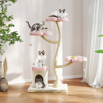 Pink and Beige FlowerShaped Cat Tree with Blooming Platforms Bed Condo and Dangling Toys MultiLevel Cat Tower for wit