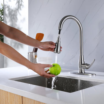 Single-Handle 2 water outlet Pull-Down Sprayer Kitchen Faucet with a Pause Button in Brushed nickel