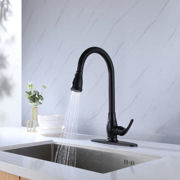 Single-Handle 2 water outlet Pull-Down Sprayer Kitchen Faucet with a Pause Button in Black