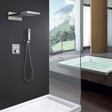 2-Spray Patterns 2 GPM 10 in. Wall Mount Dual Shower Heads and Handheld Shower with Pressure Balance Valve in Brushed Nickel