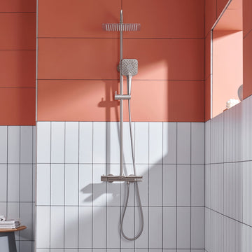 10 in. Wall Mount Thermostatic Rain Shower System with Handheld Shower and Tub Spout in Brushed Nickel