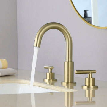 Boyel Living 8 in. Widespread 2-Handle Mid-Arc Bathroom Faucet with Valve and cUPC Water Supply Lines in Brushed Gold