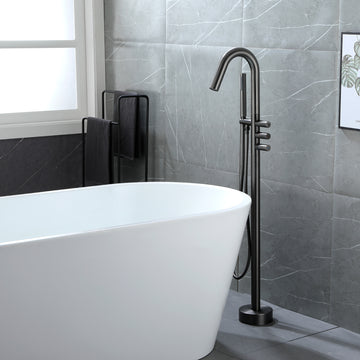 Boyel Living Freestanding Floor Mount 3-Handle Bath Tub Filler Faucet with Handheld Shower and Water Supply Lines in Gunmetal Gray