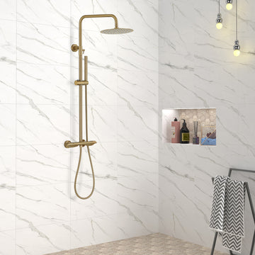5GPM Shower System with 47-Inch Adjustable Slide Bar, Round Rainfall Shower Head and Handheld Shower (Brushed Gold)