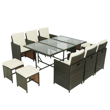 11-Piece Wicker Outdoor Dining Set with Beige Cushion