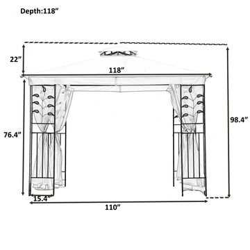 10Ft. Wx8Ft. H Outdoor Steel Vented Dome Top Patio Gazebo with Netting for Backyard, Poolside and Deck, Beige