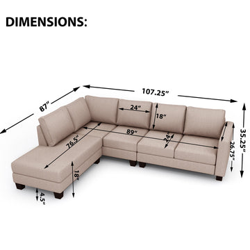 107.25*87"Textured Fabric Sectional Sofa Set, L-shaped Sofa With 5 Seaters for Home Use, Left-arm Facing Chaise, Warm Grey