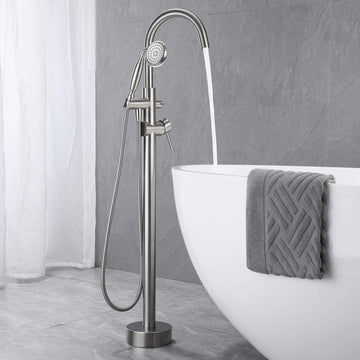 Floor Mount Freestanding Tub Faucet with Handheld Shower in Brushed Nickel