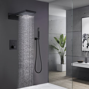 2-Spray Patterns 2 GPM 10 in. Wall Mount Dual Shower Heads and Handheld Shower with Pressure Balance Valve in Black