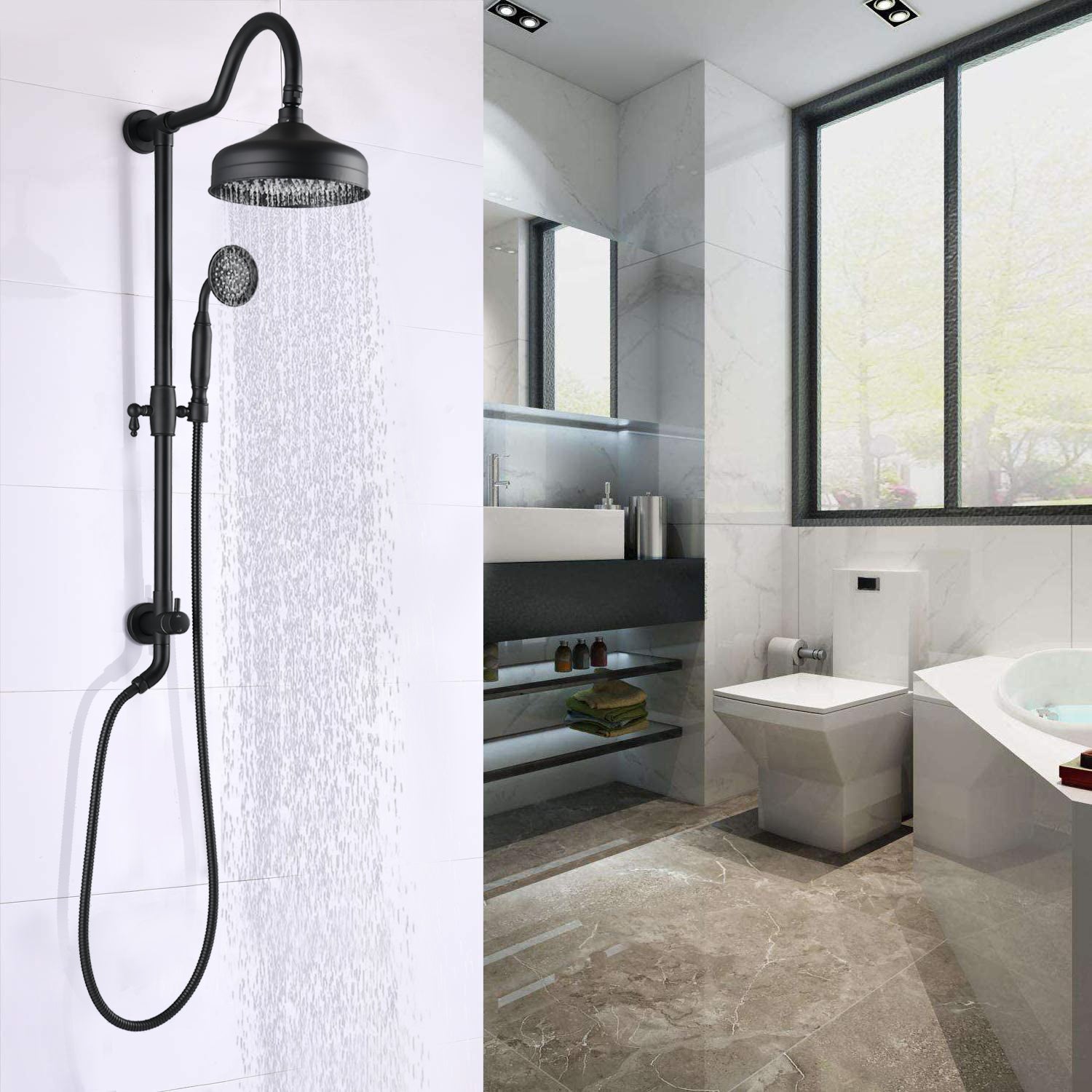 Boyel Living 2.5 GPM 8 in. Wall Mount Dual Shower Heads with 3-Spray Patterns Handheld Shower in Matte Black