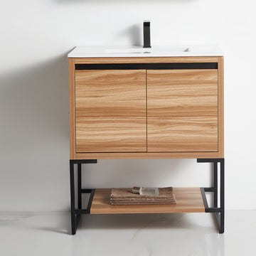 30 in. Maple Freestanding Bathroom Vanity Cabinet with Ceramics Counter Top