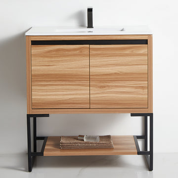 32 in. Maple Freestanding Bathroom Vanity Cabinet with Ceramics Counter Top