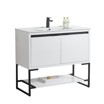 40 in. Freestanding Bathroom Vanity with Ceramics Counter Top Wood Cabinet in White Matt