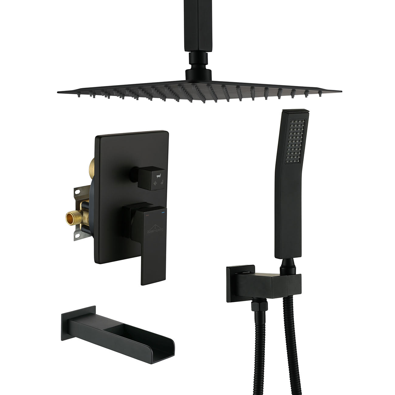 Boyel Living 10 in. Ceiling Mounted Rain Shower System with Tub Spout and Handheld Shower in Matte Black