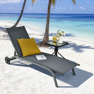 6-Poisition Adjustable Outdoor Chaise Recliner with Wheels