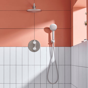 Wall Mount Thermostatic Round Rain Shower System with 5 Spray Patterns Handheld Shower in Brushed Nickel