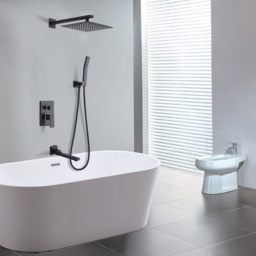 10 in. Complete Shower Head System with Bath Tub Faucet and Rough-in Valve in Matte Black
